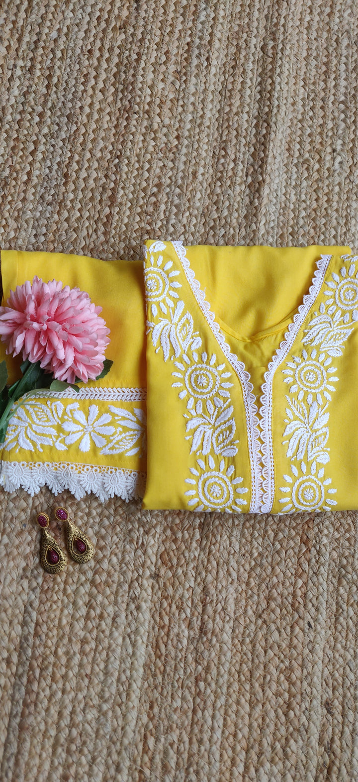 Yellow Rayon Chikankari Kurta with Pant Set-Custom Made