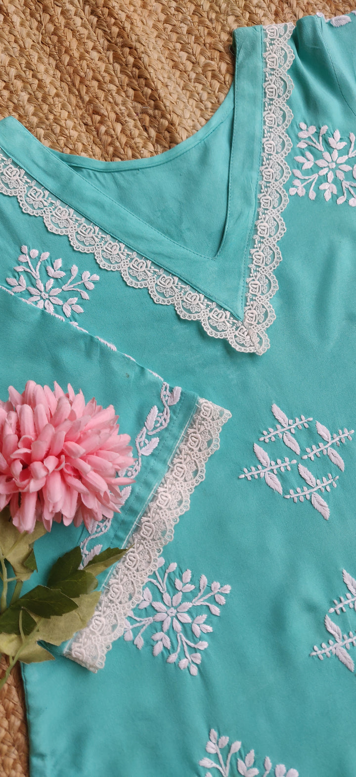 Sea Blue Reyon Chikankari Kurta with Pant Set - Custom Made