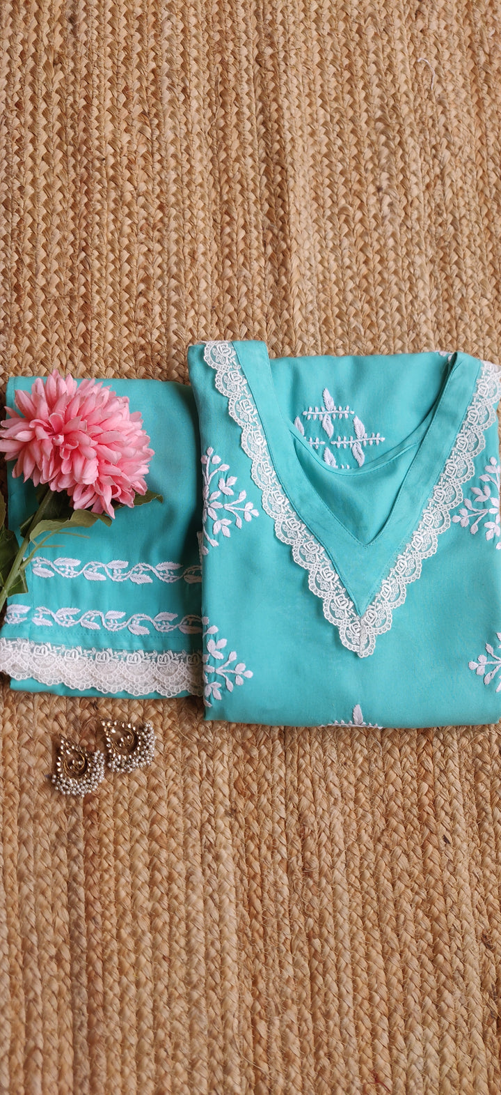 Sea Blue Reyon Chikankari Kurta with Pant Set - Custom Made