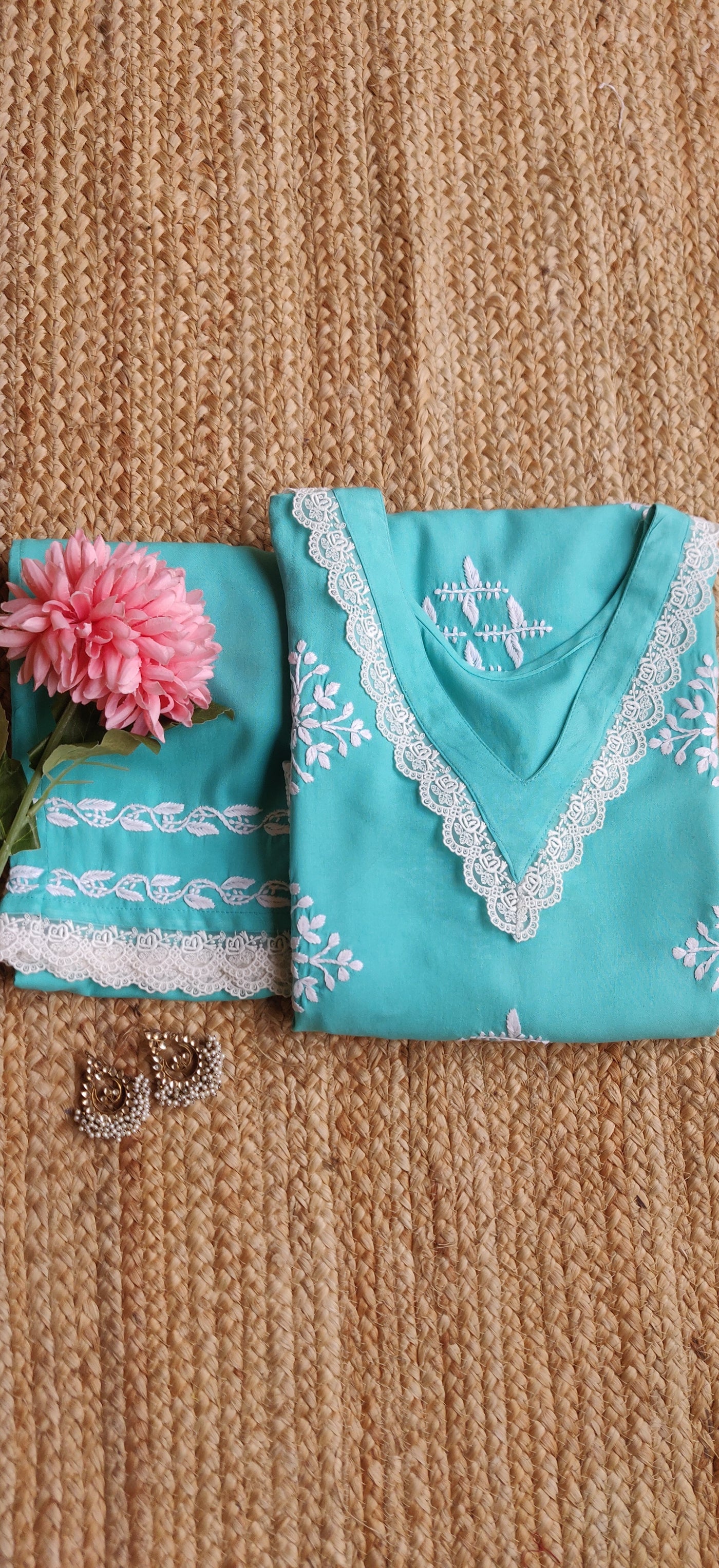 Sea blue Reyon Chikankari Kurta Pant Set