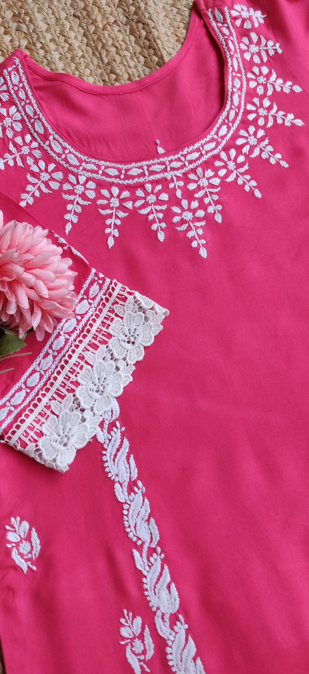 Dark Peach Rayon Chikankari Kurta With Pant Set - Custom Made