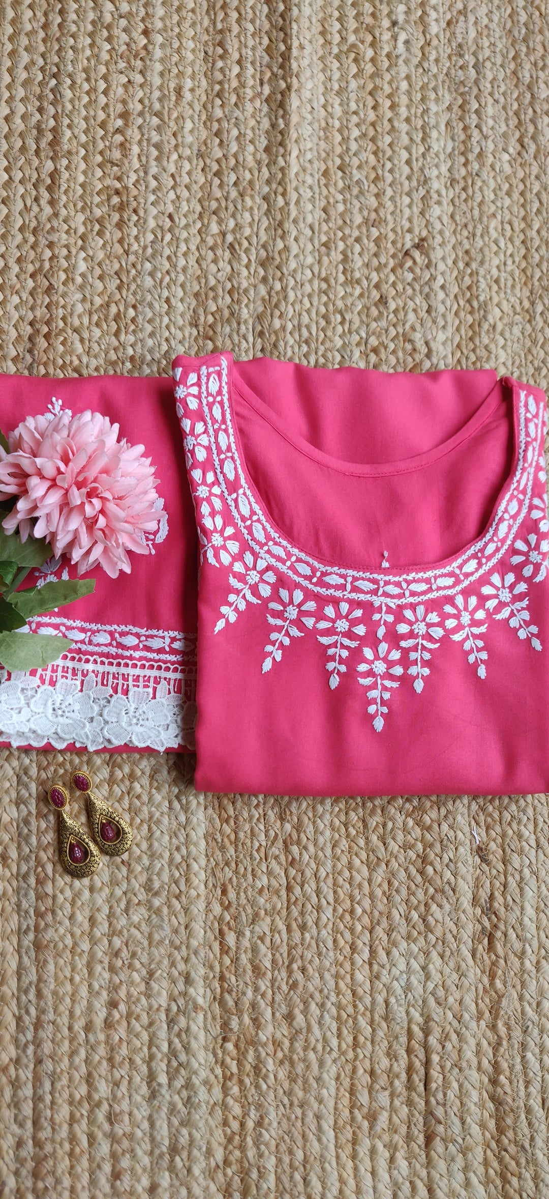 Dark Peach Rayon Chikankari Kurta With Pant Set - Custom Made