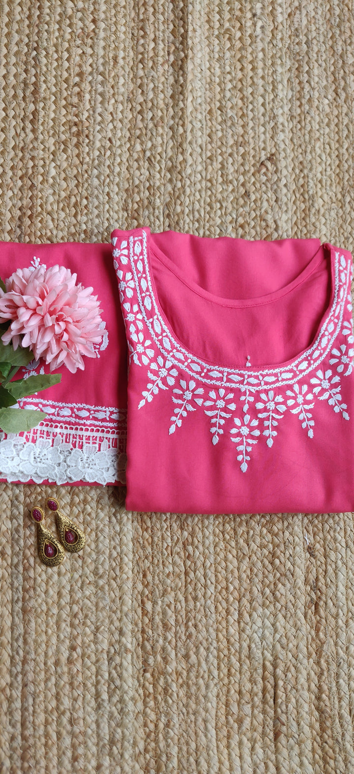 Dark Peach Rayon Chikankari Kurta With Pant Set - Custom Made