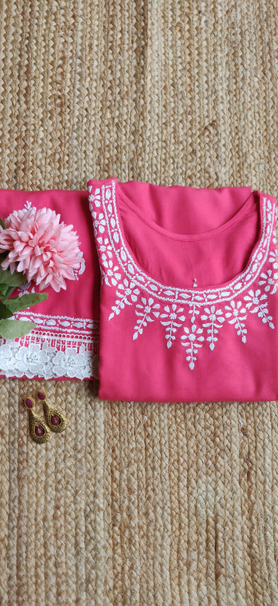 Dark Peach Rayon Chikankari Kurta Pant Set - Custom Made