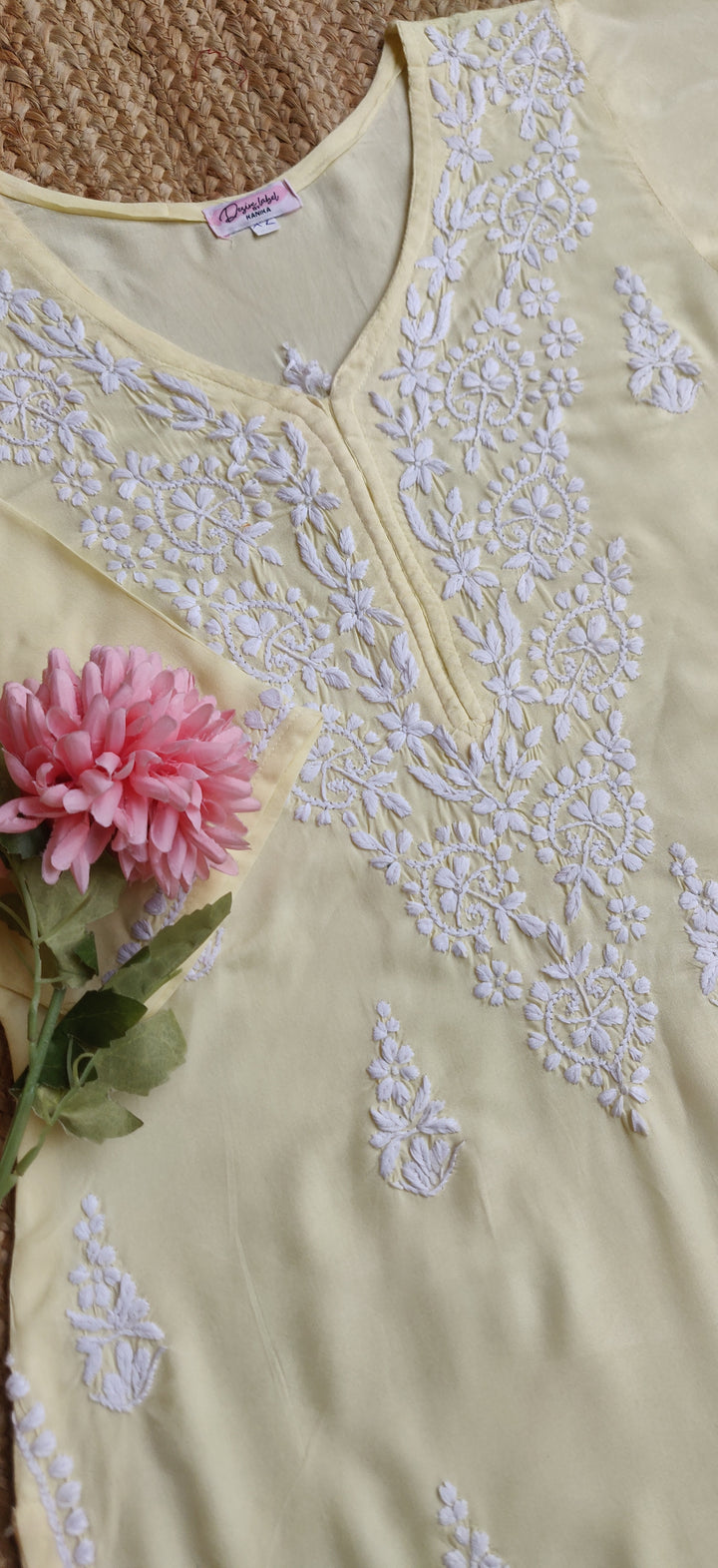 Light yellow Rayon Chikankari Kurta Pant Set