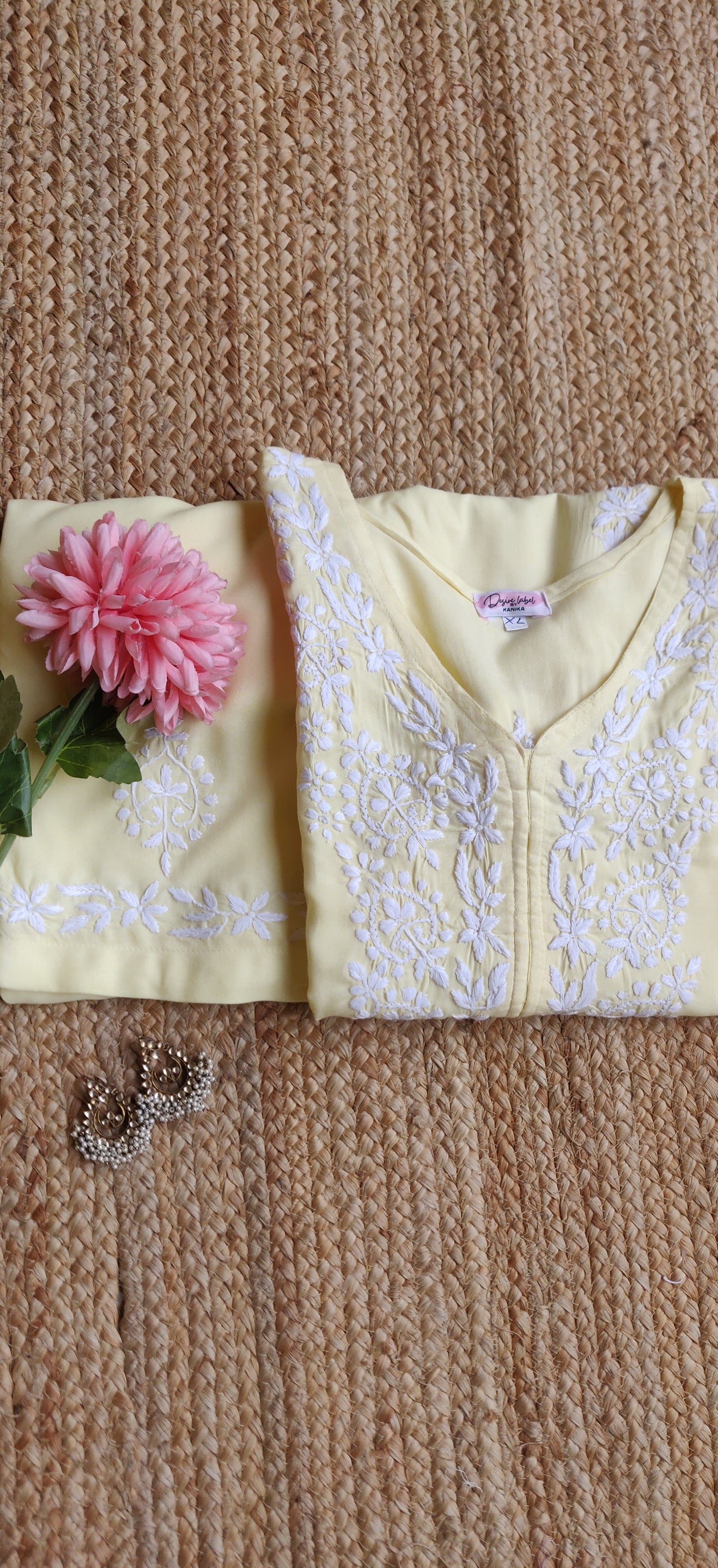 Light yellow reyon chikankari Kurta Pant Set