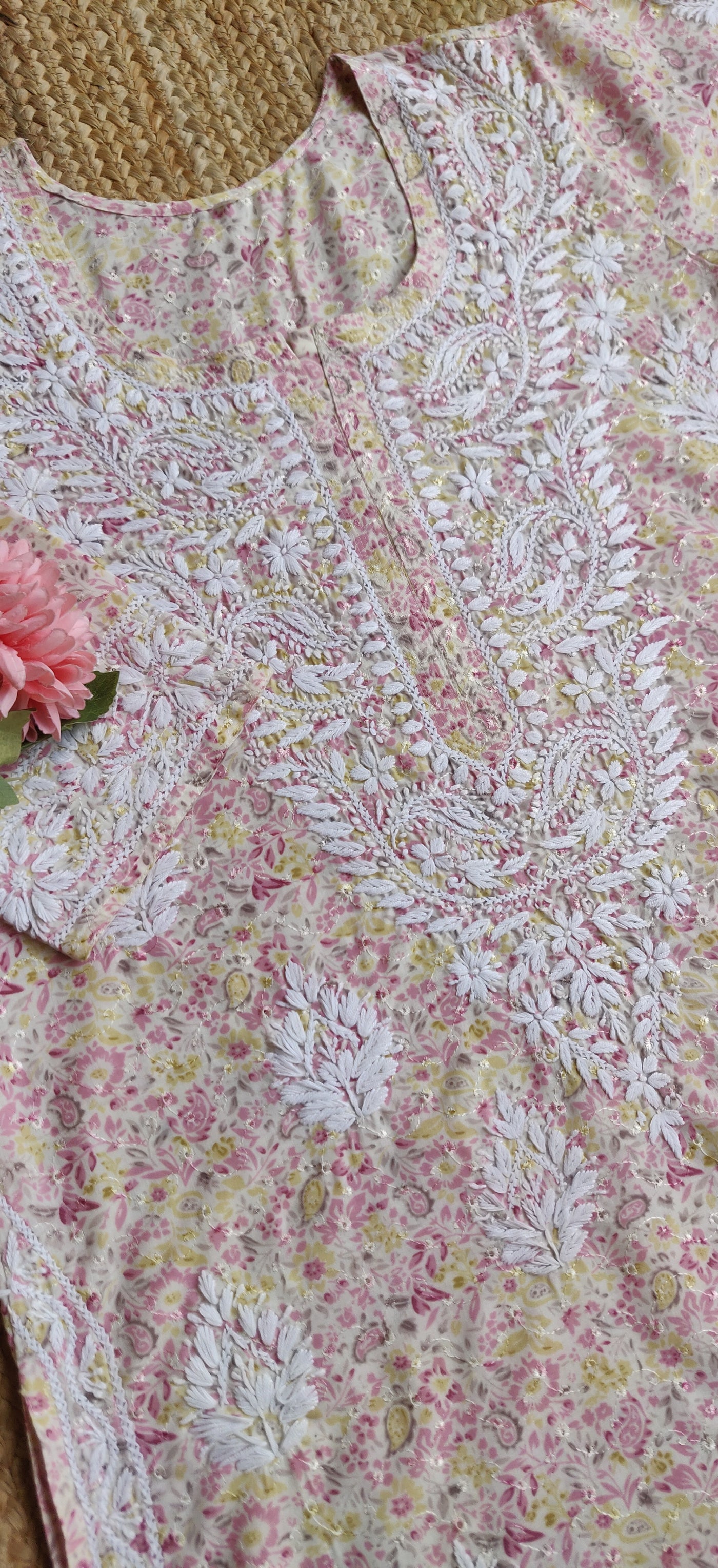 Pink Printed Cotton Chikankari Kurta