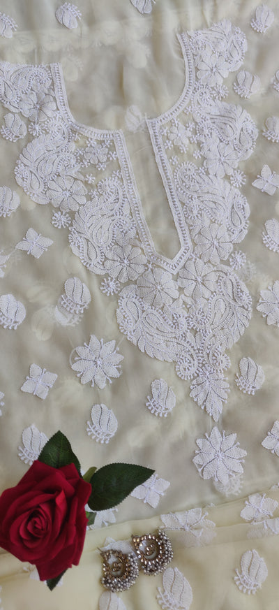 Light Yellow Georgette Chikankari Kurta Fabric