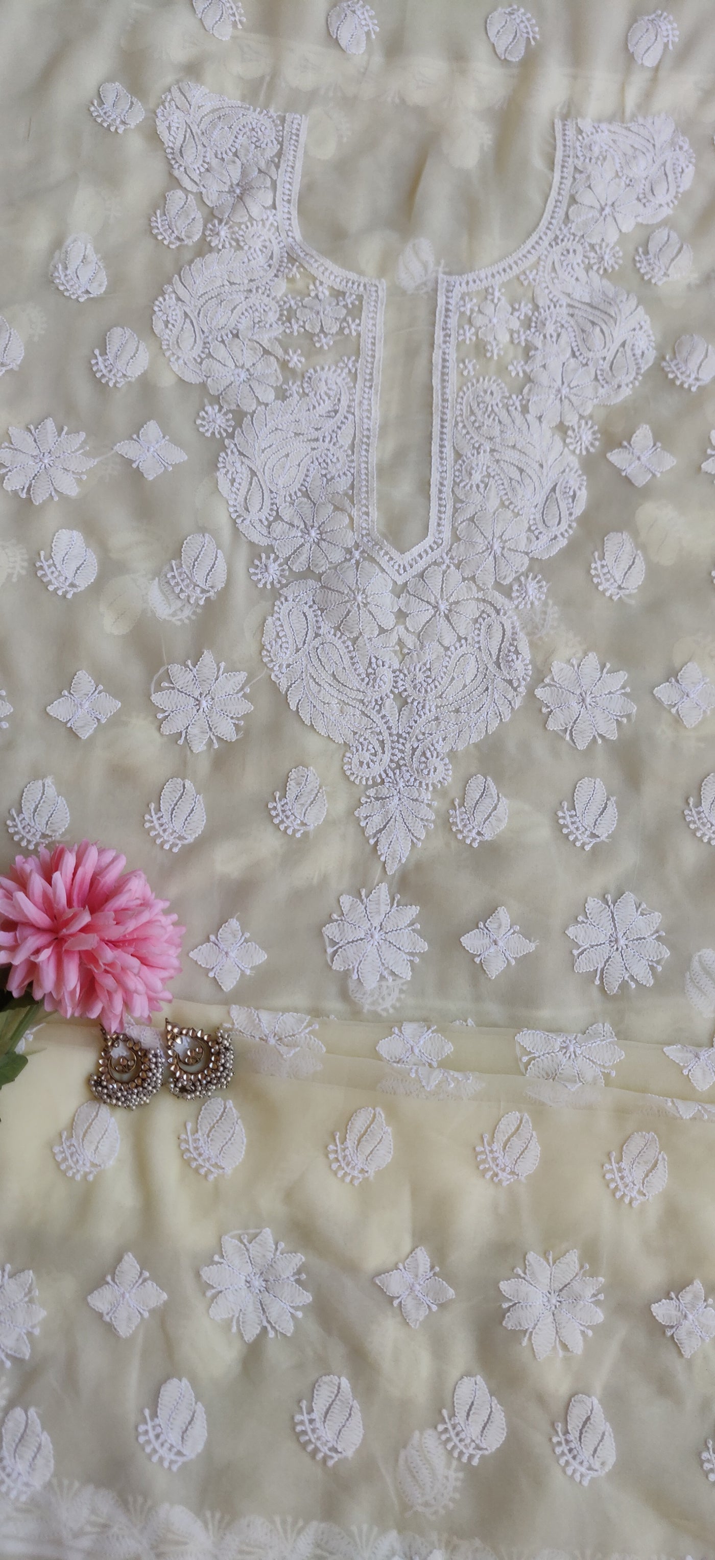 Light Yellow Georgette Chikankari Kurta Fabric