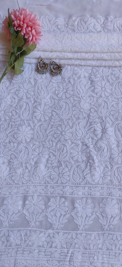 White Pure Georgette Chikankari Kurta Fabric