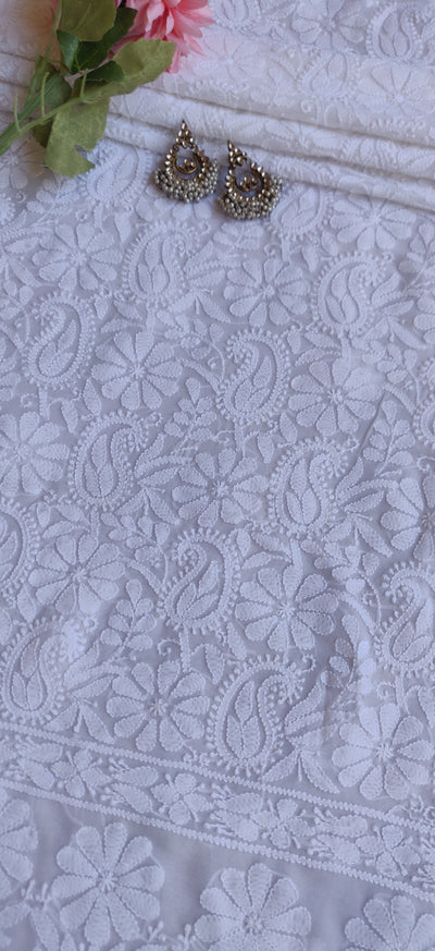 White Pure Georgette Chikankari Kurta Fabric