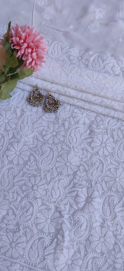 White Pure Georgette Chikankari Kurta Fabric