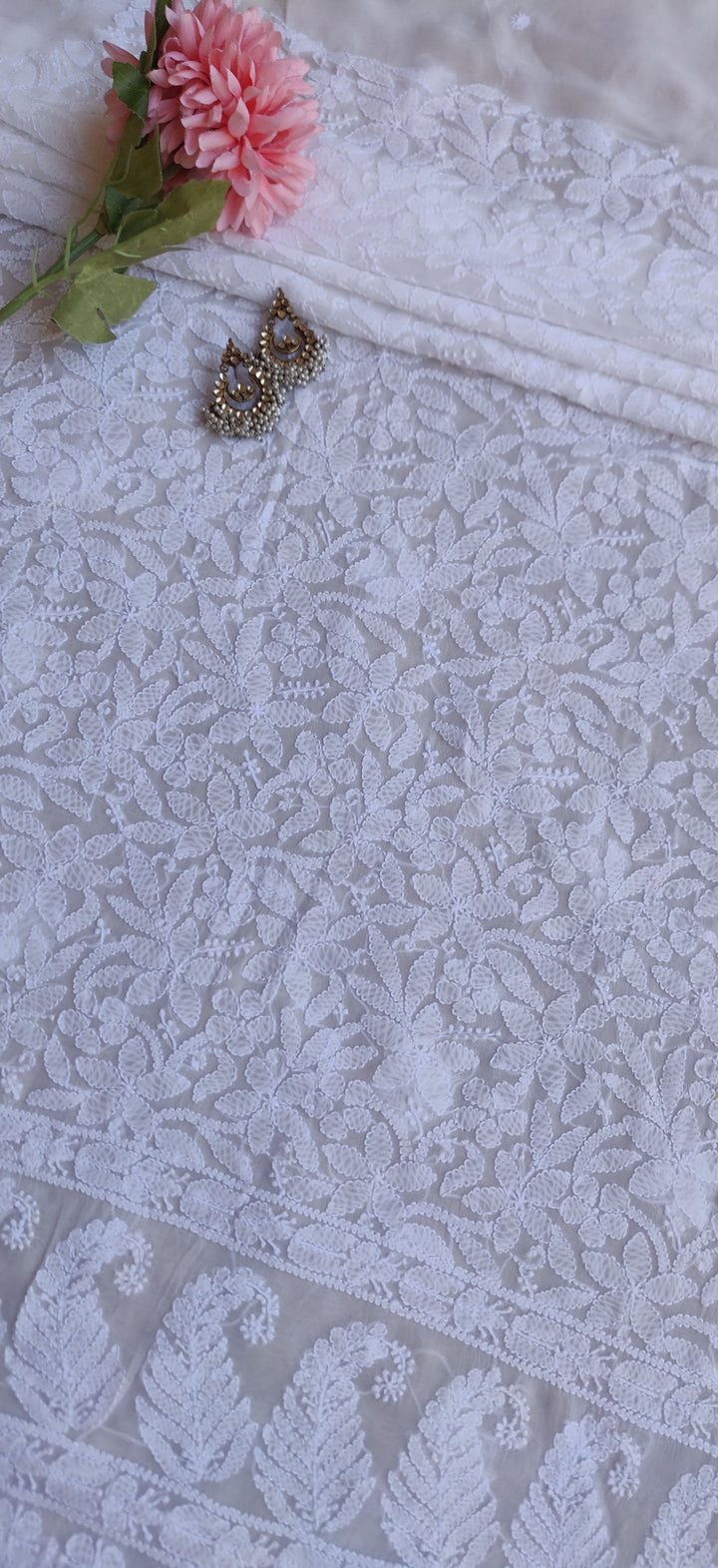 White Pure Georgette Chikankari Kurta Fabric