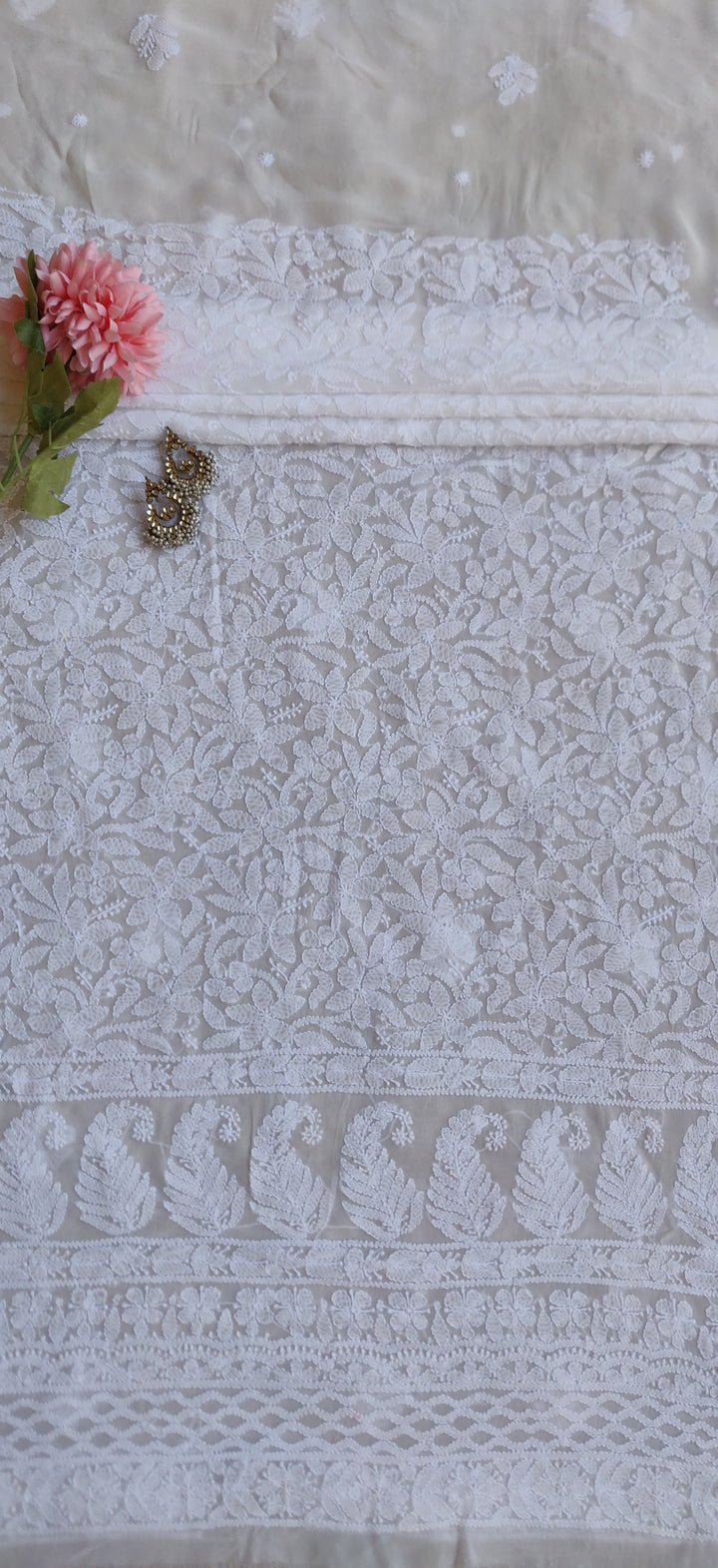 White Pure Georgette Chikankari Kurta Fabric