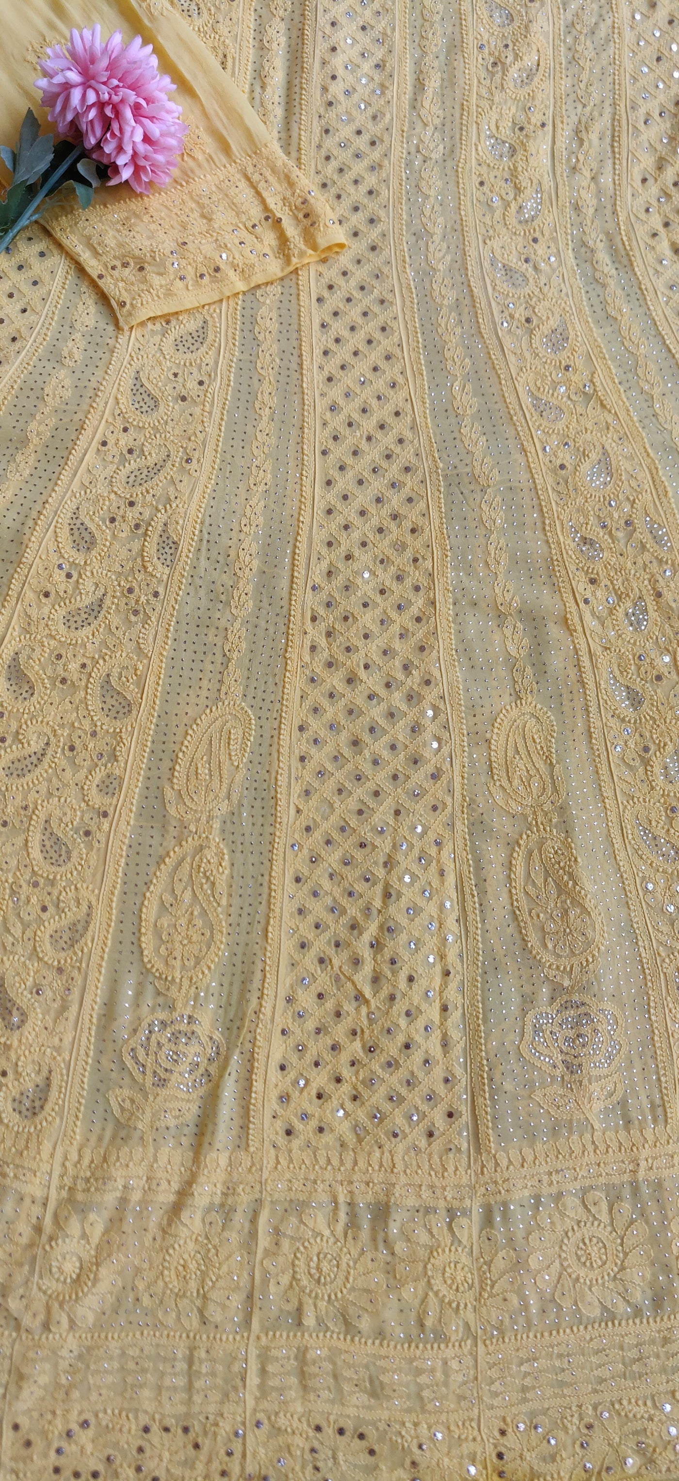 Yellow Chikankari Anarkali kurta Dupatta fabric