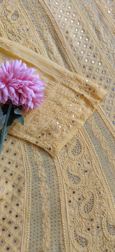 Yellow Chikankari Anarkali kurta Dupatta fabric