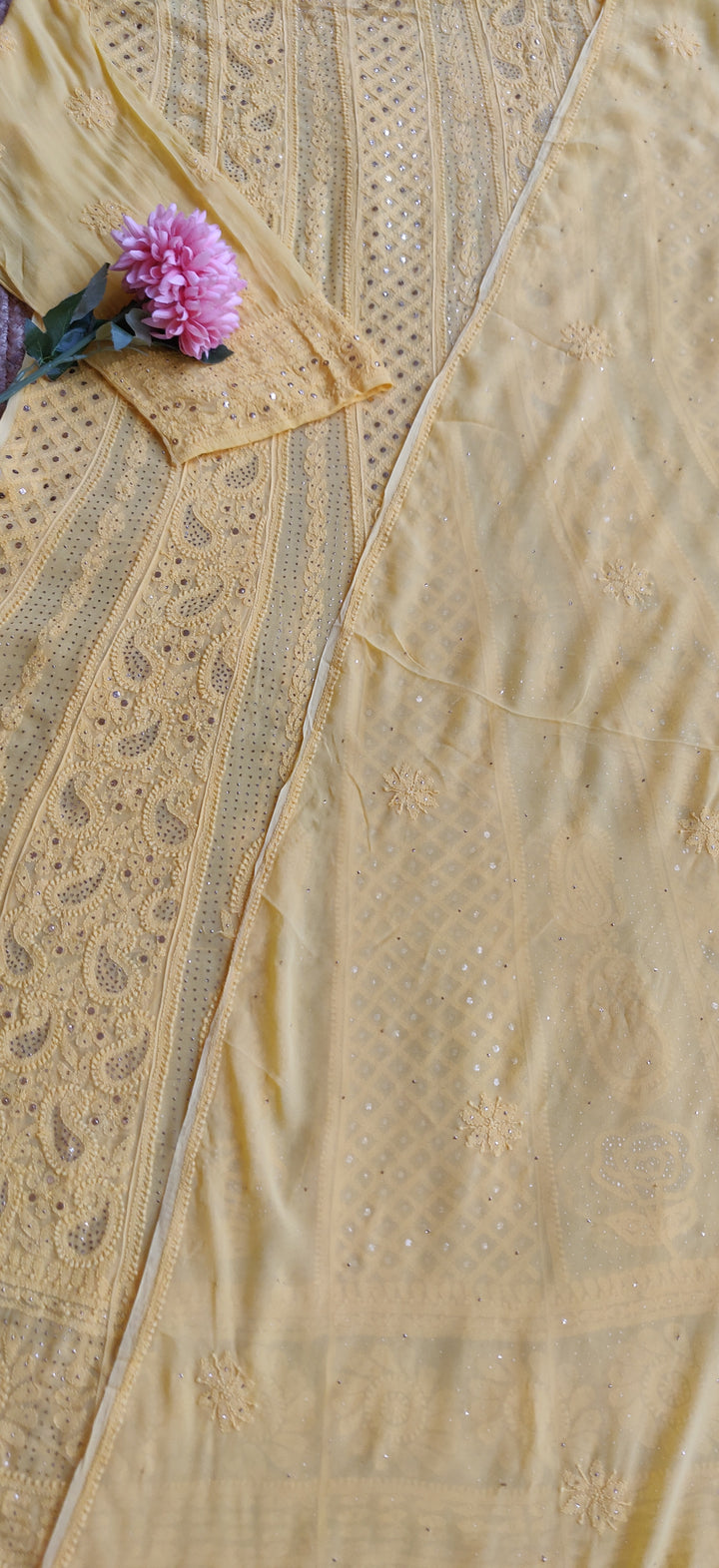 Yellow Chikankari Anarkali kurta Dupatta fabric