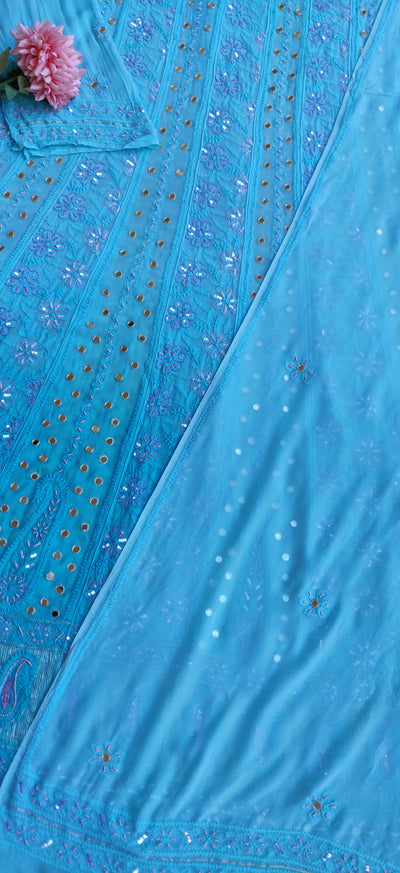 Blue Chikankari Anarkali Kurta Dupatta