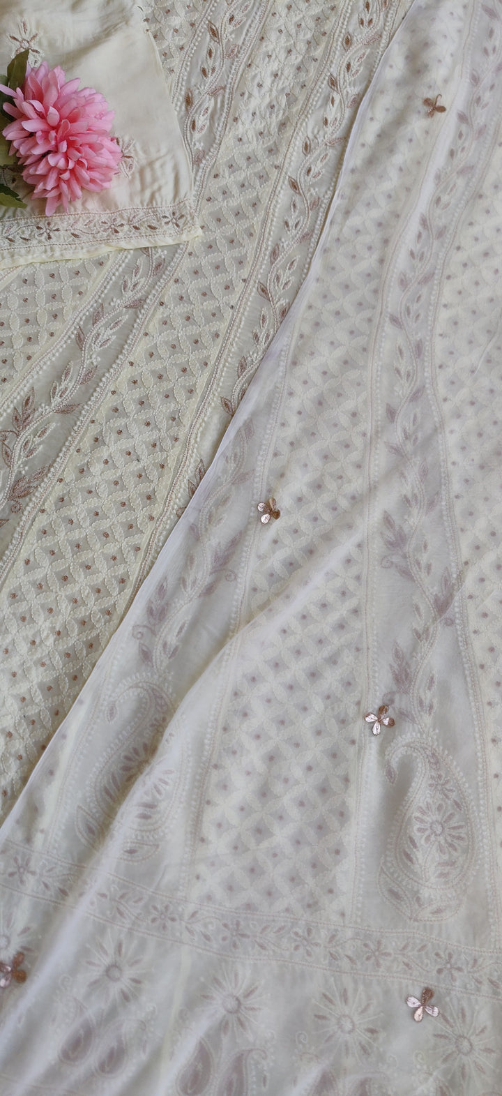 Lime Chandari Chikankari Anarkali kurta Dupatta fabric