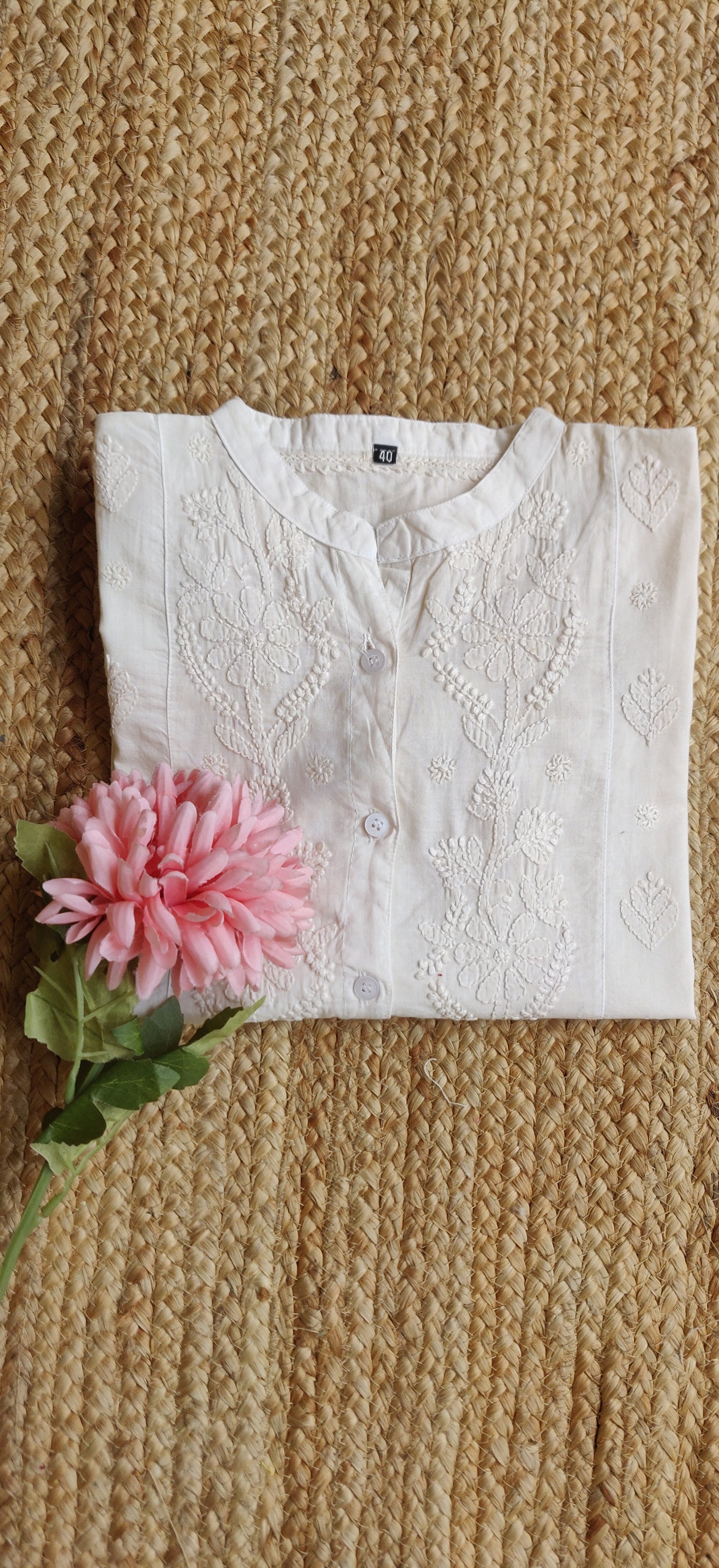 Off White Cotton Chikankari Short Kurta