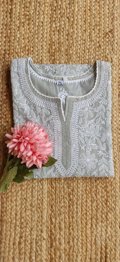 Grey Cotton Chikankari Short Kurta