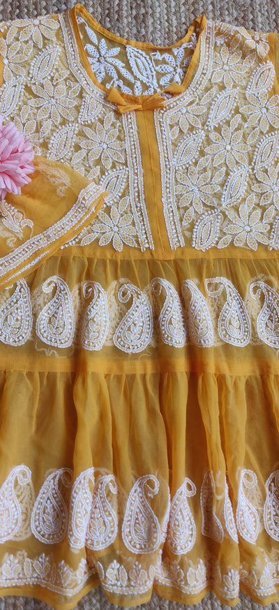 Yellow Georgette Chikankari Short Kurta