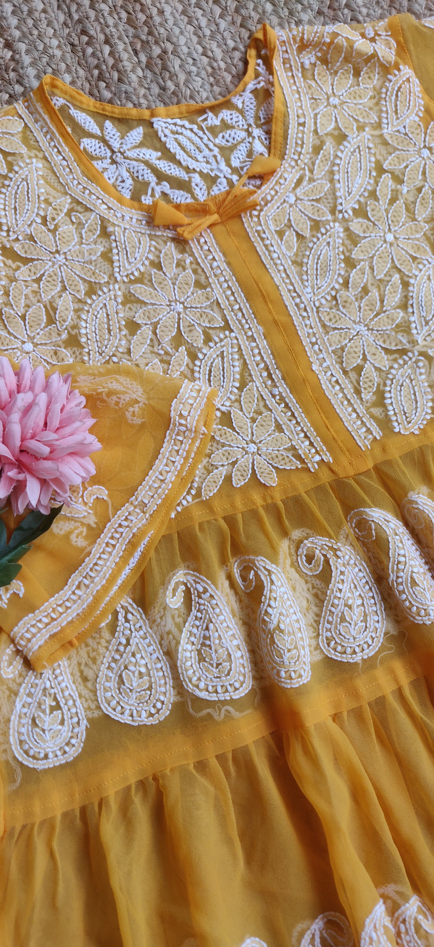 Yellow Georgette Chikankari Short Kurta