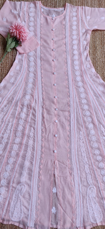 Peach Cotton Chikankari A-Line Kurta