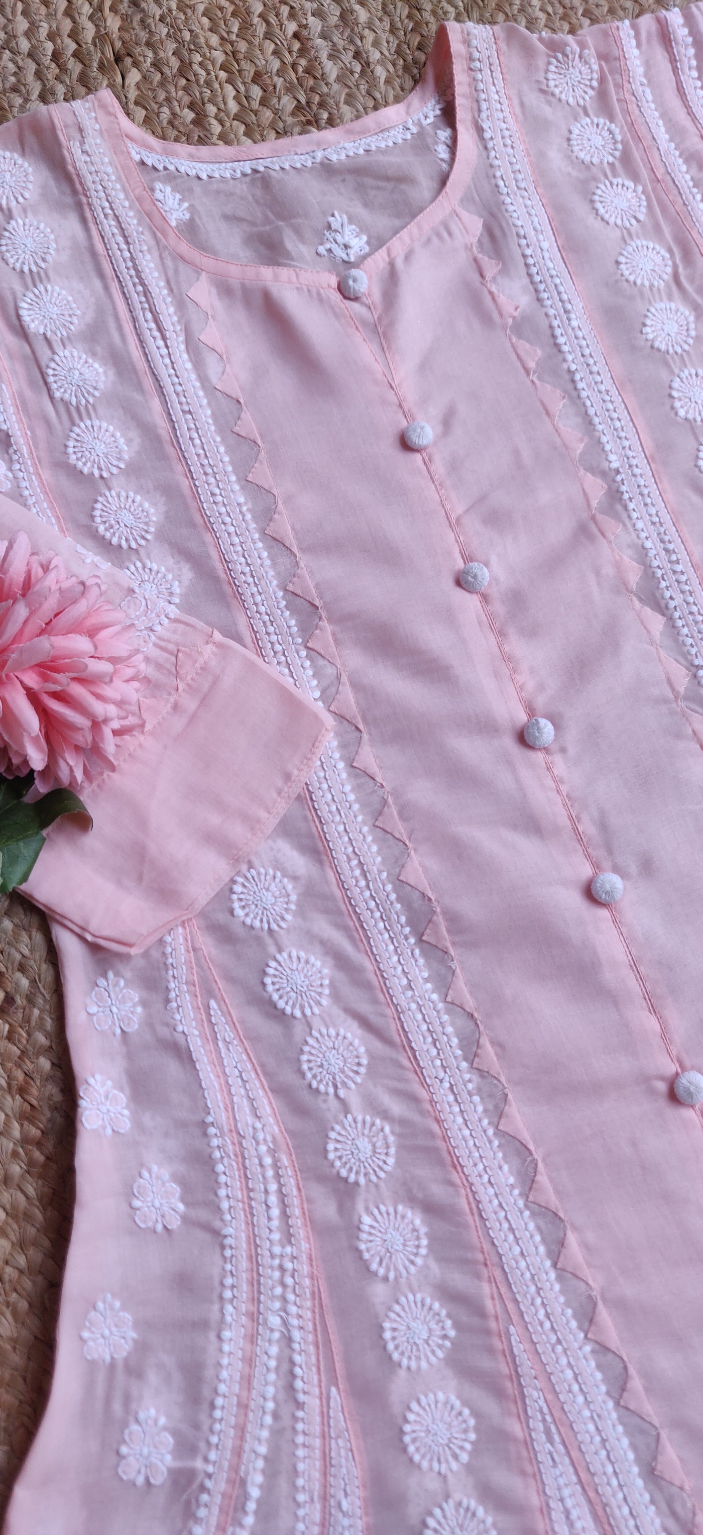 Peach Cotton Chikankari A-Line Kurta