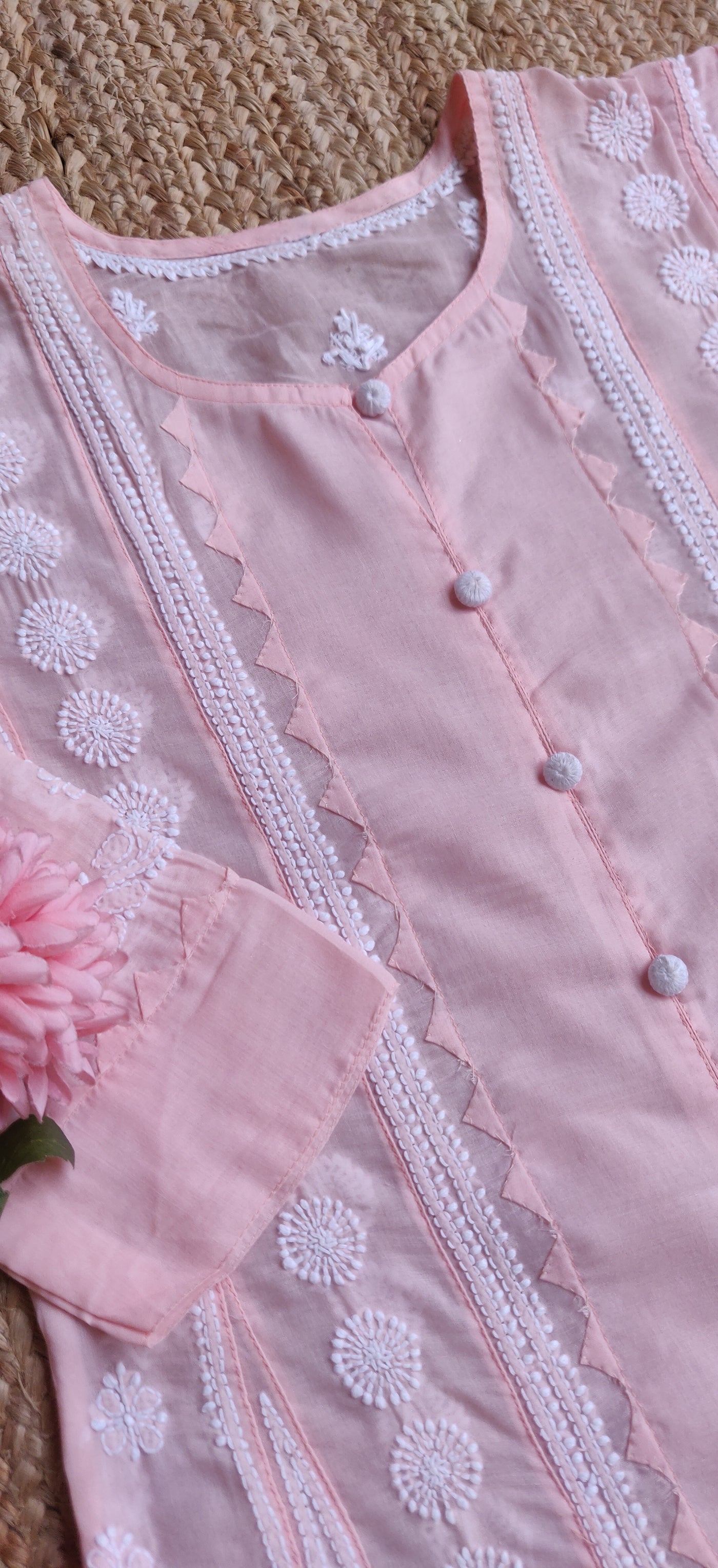 Peach Cotton Chikankari A-Line Kurta