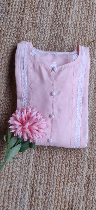 Peach Cotton Chikankari A-Line Kurta