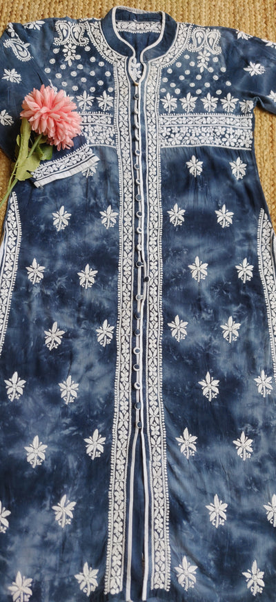 Navy blue and Grey Printed Cotton Chikankari Kurta