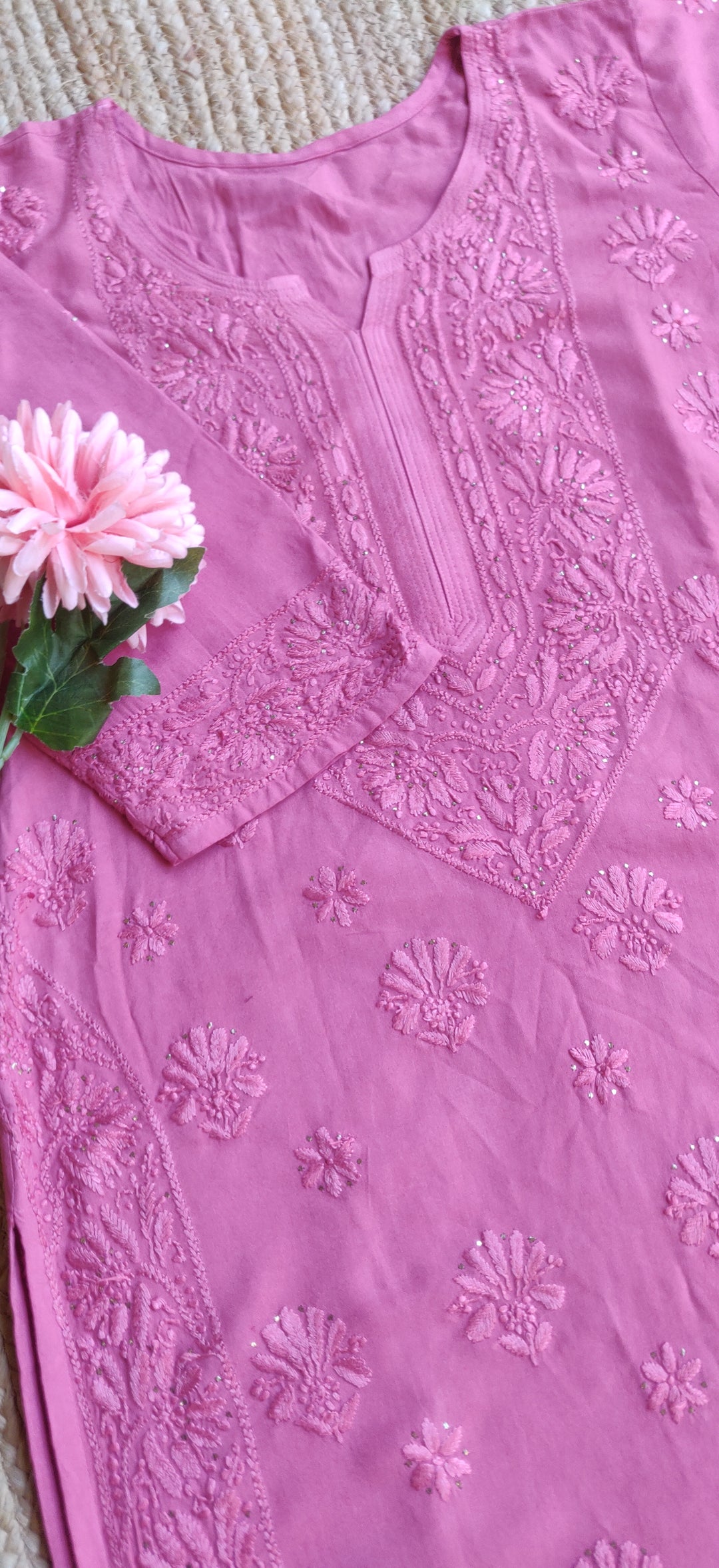 Onion Pink Reyon Chikankari Kurta with Pant Set -  Custom Made