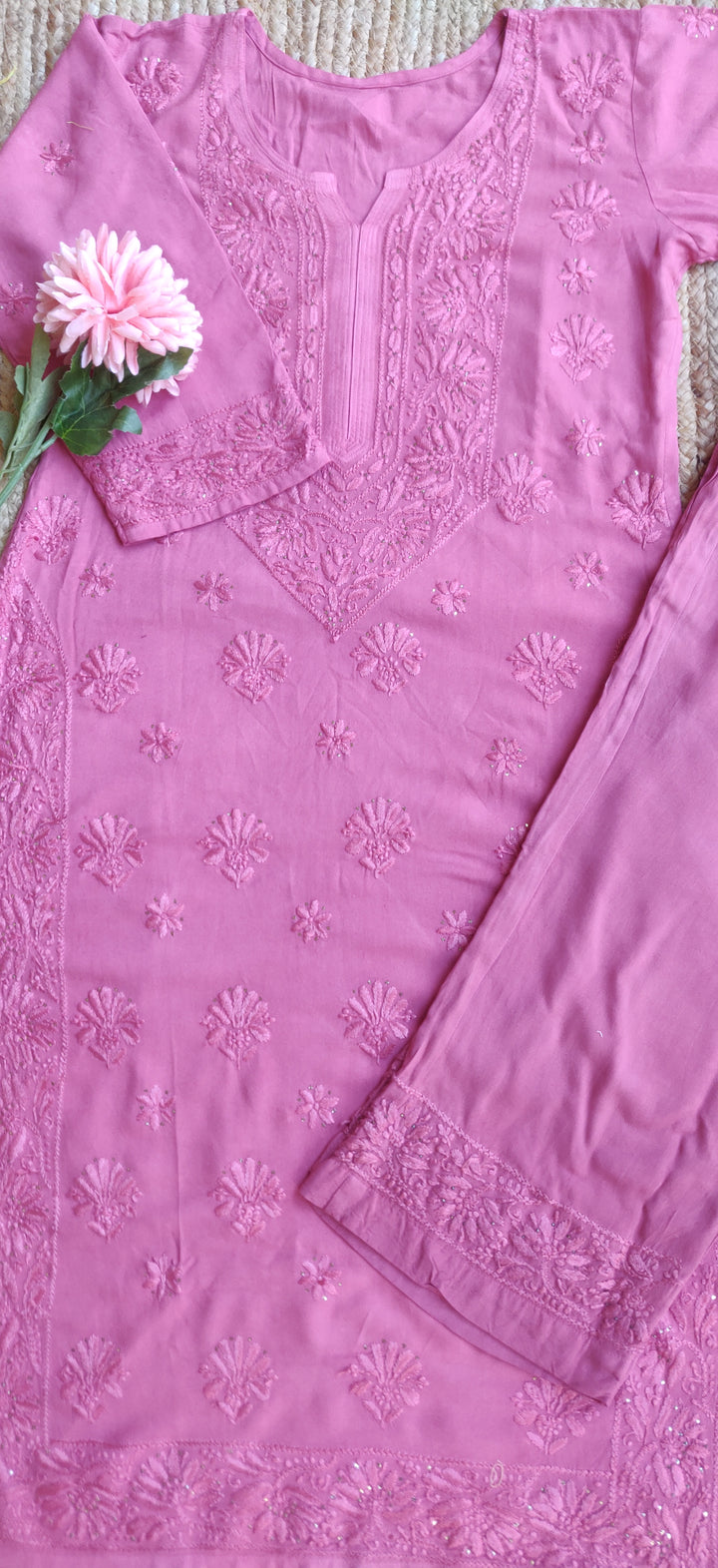 Onion Pink Reyon Chikankari Kurta with Pant Set -  Custom Made
