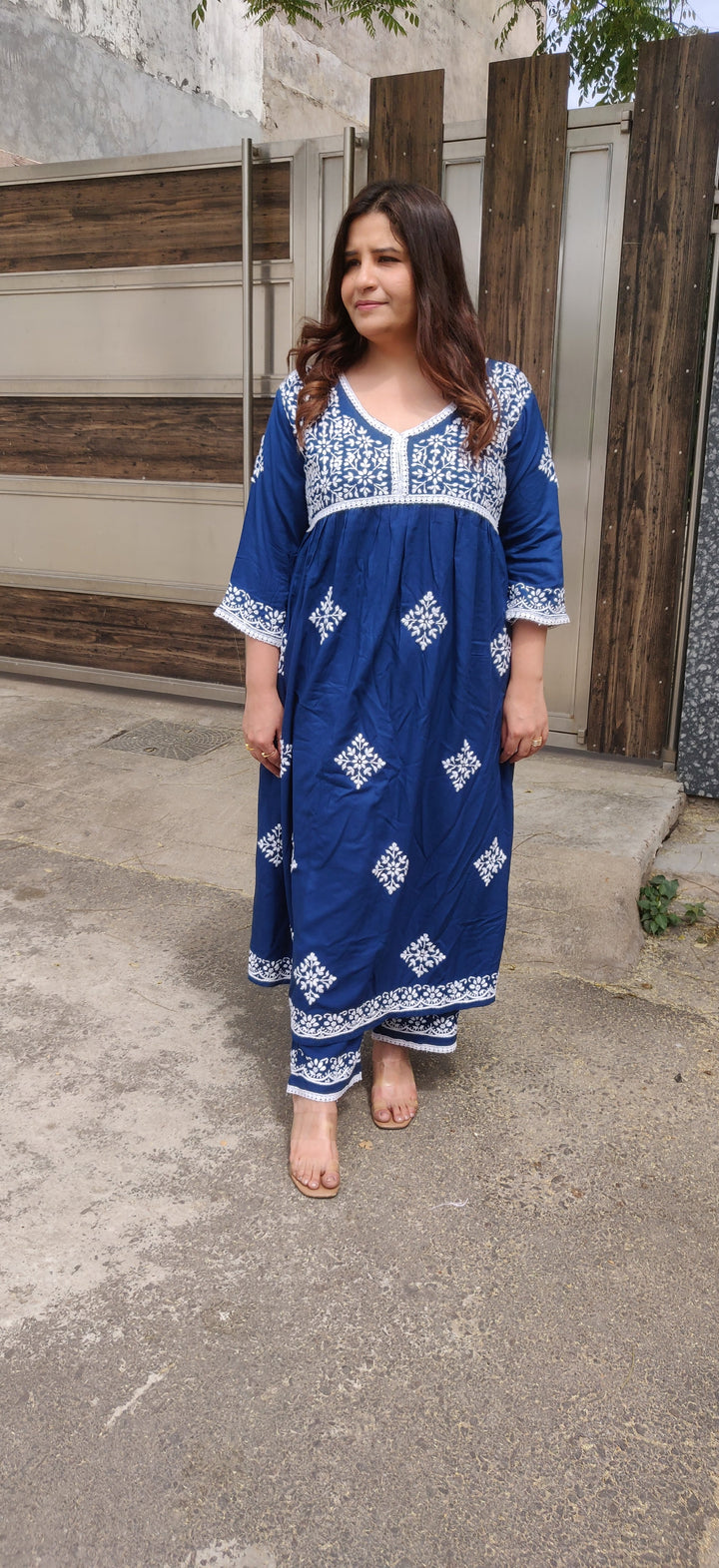 Blue Rayon Chikankari A- Line Kurta With Pant Set