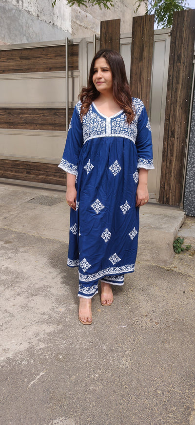 Blue Rayon Chikankari A- Line Kurta Pant Set-Custom Made