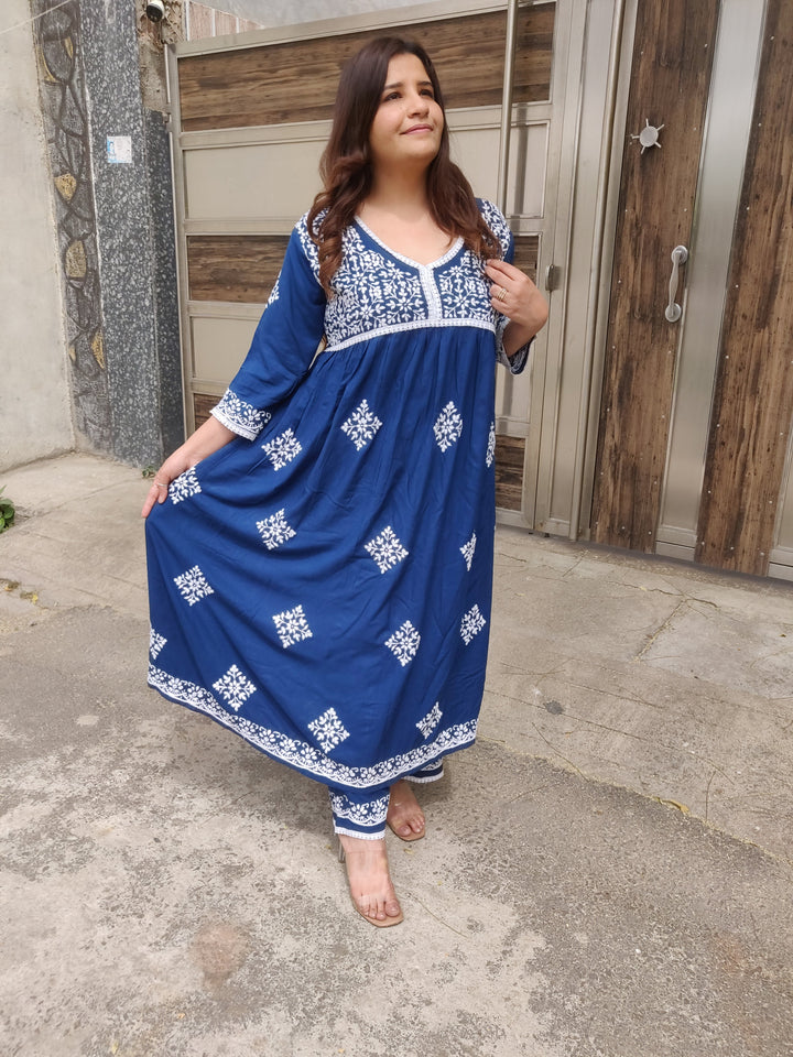 Blue Rayon Chikankari A- Line Kurta With Pant Set