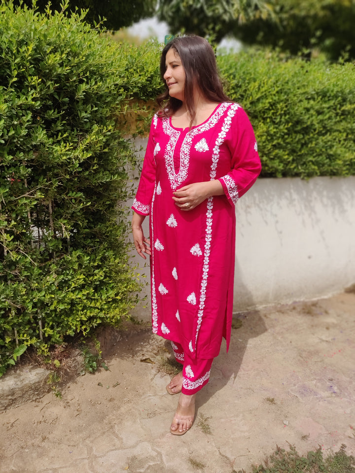 Rani Pink Rayon Chikankari Kurta with Pant Set-Custom Made