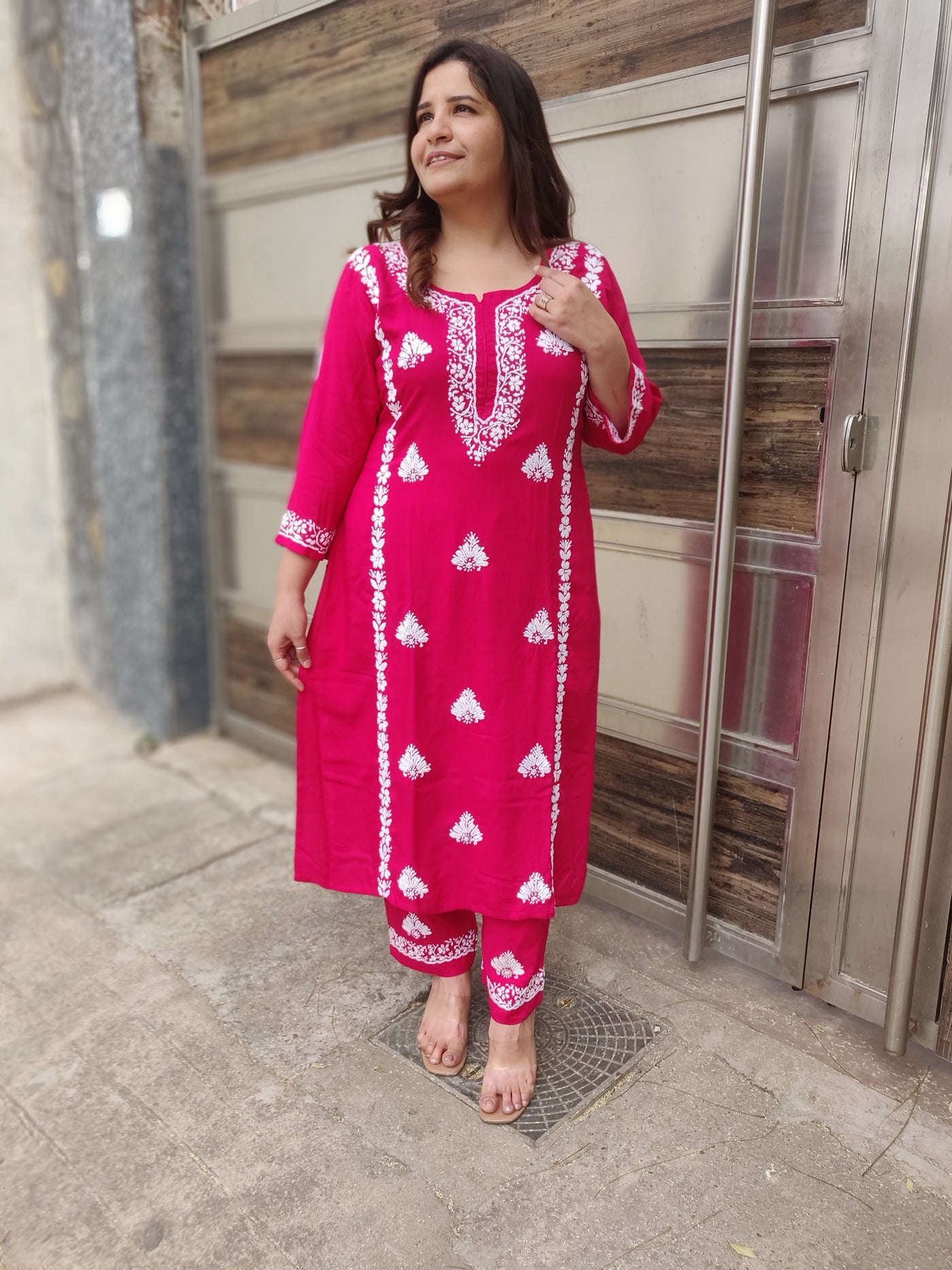 Rani pink rayon chikankari Kurta Pant Set