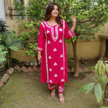 Rani pink rayon chikankari Kurta Pant Set