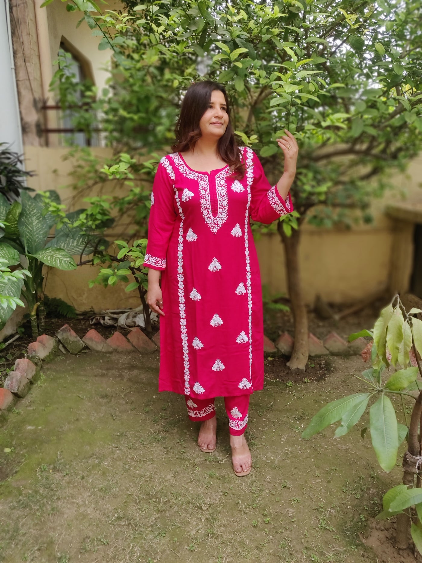 Rani pink rayon chikankari Kurta Pant Set