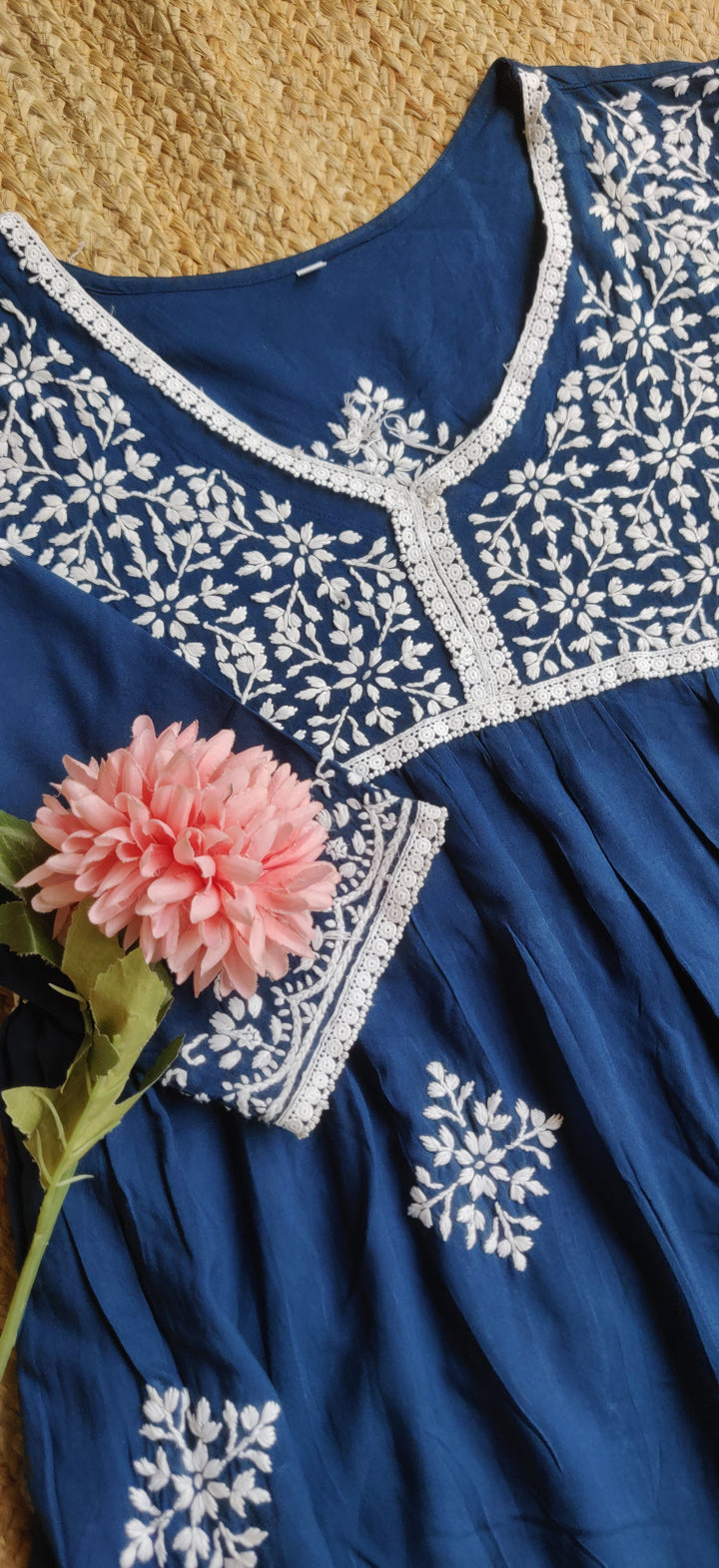 Blue Rayon Chikankari A- Line Kurta With Pant Set