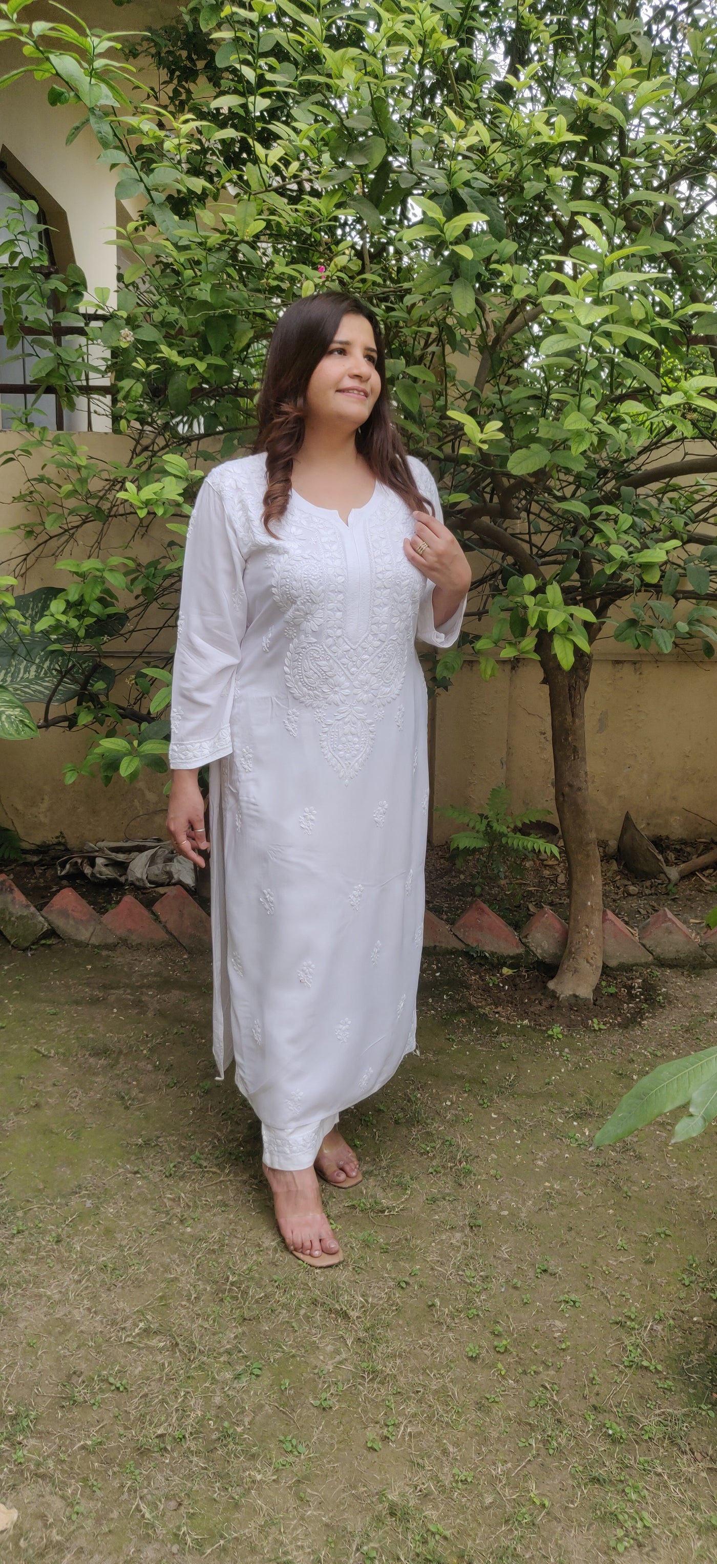 White Rayon Chikankari Kurta  Pant Set-Custom Made