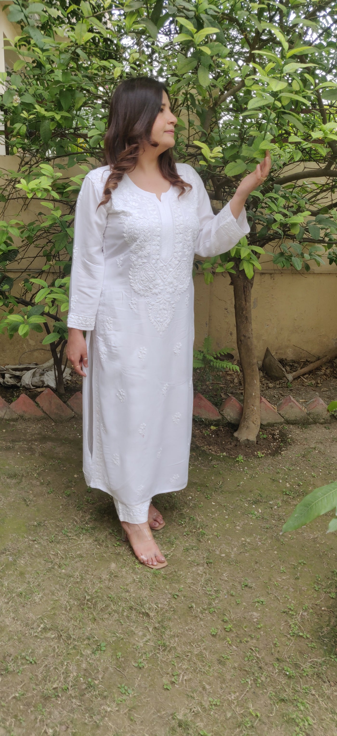 White Rayon Chikankari Kurta  Pant Set-Custom Made