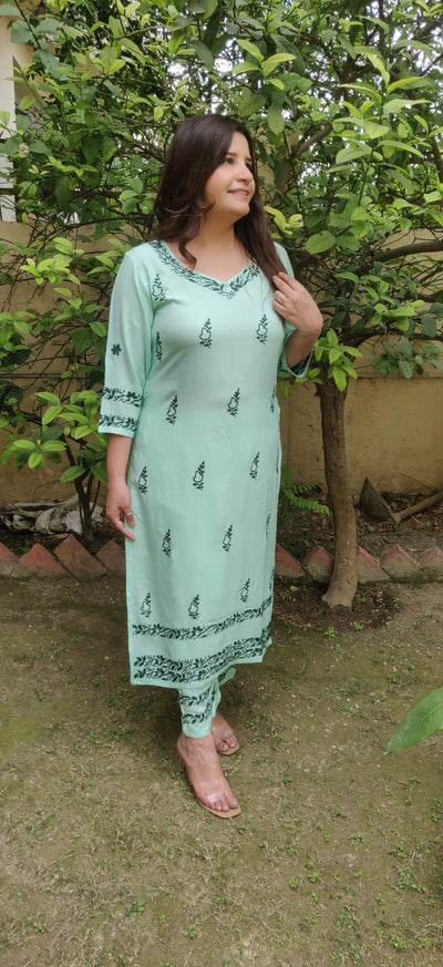 Light green rayon chikankari Kurta Pant  Set