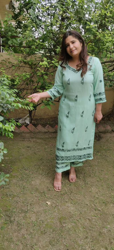 Light green rayon chikankari Kurta Pant  Set