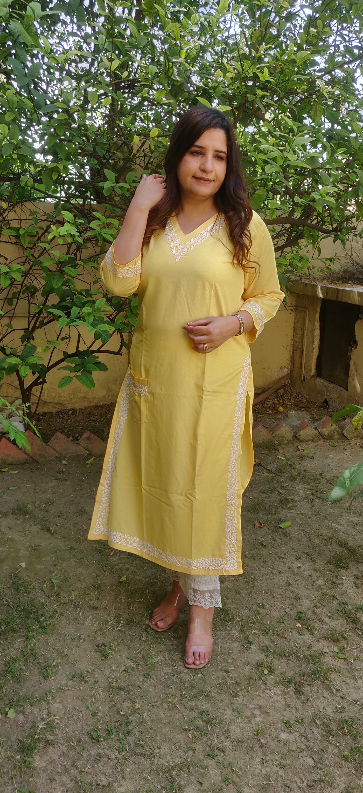 Pocket style  Yellow Modal Chikankari kurta