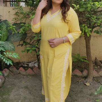 Pocket style  Yellow Modal Chikankari kurta