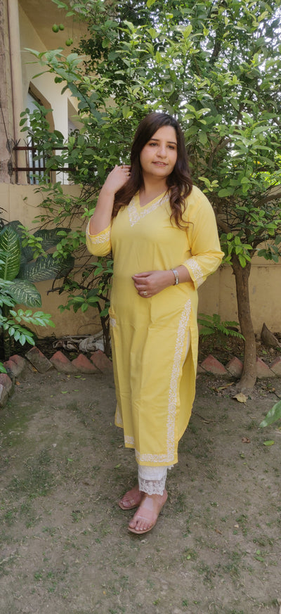 Pocket style  Yellow Modal Chikankari kurta