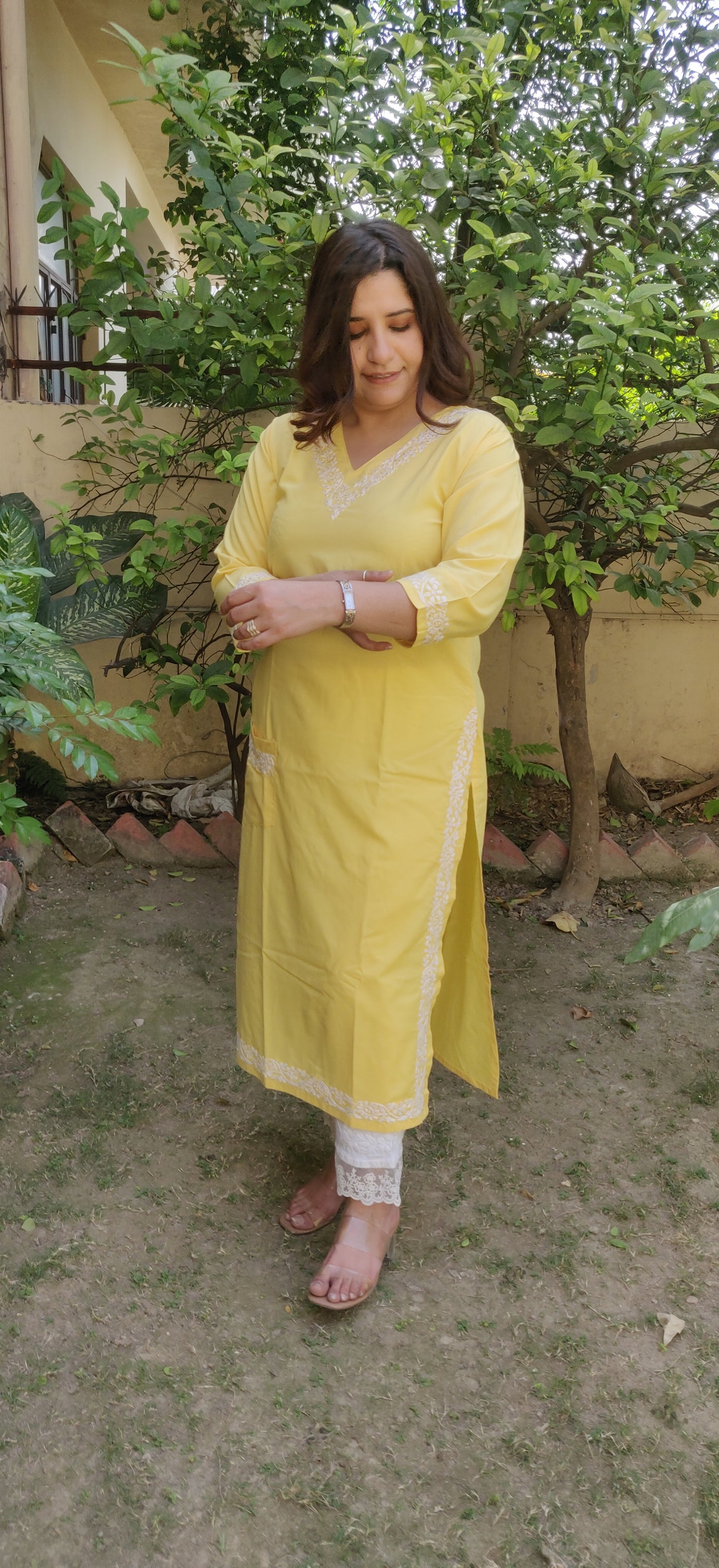 Pocket style  Yellow Modal Chikankari kurta